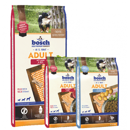 bosch ADULT ėriena ir ryžiai 18kg + ADULT žuvis ir bulvės 3kg